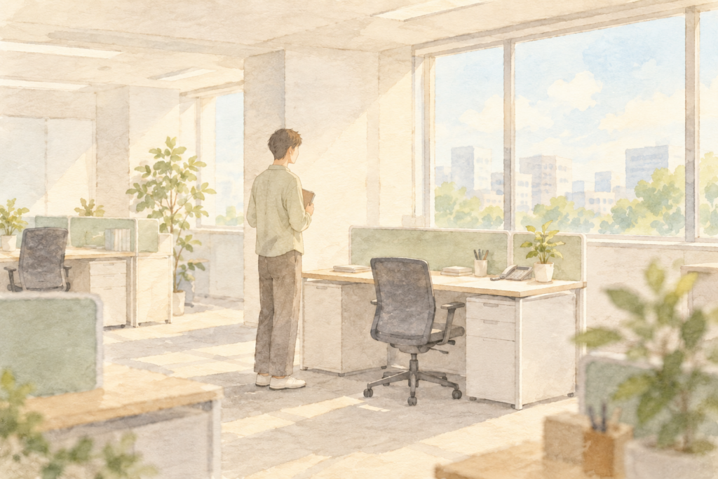 やわらかな光が入る新しいオフィスで、デスクの前に立つ男性の水彩イラスト